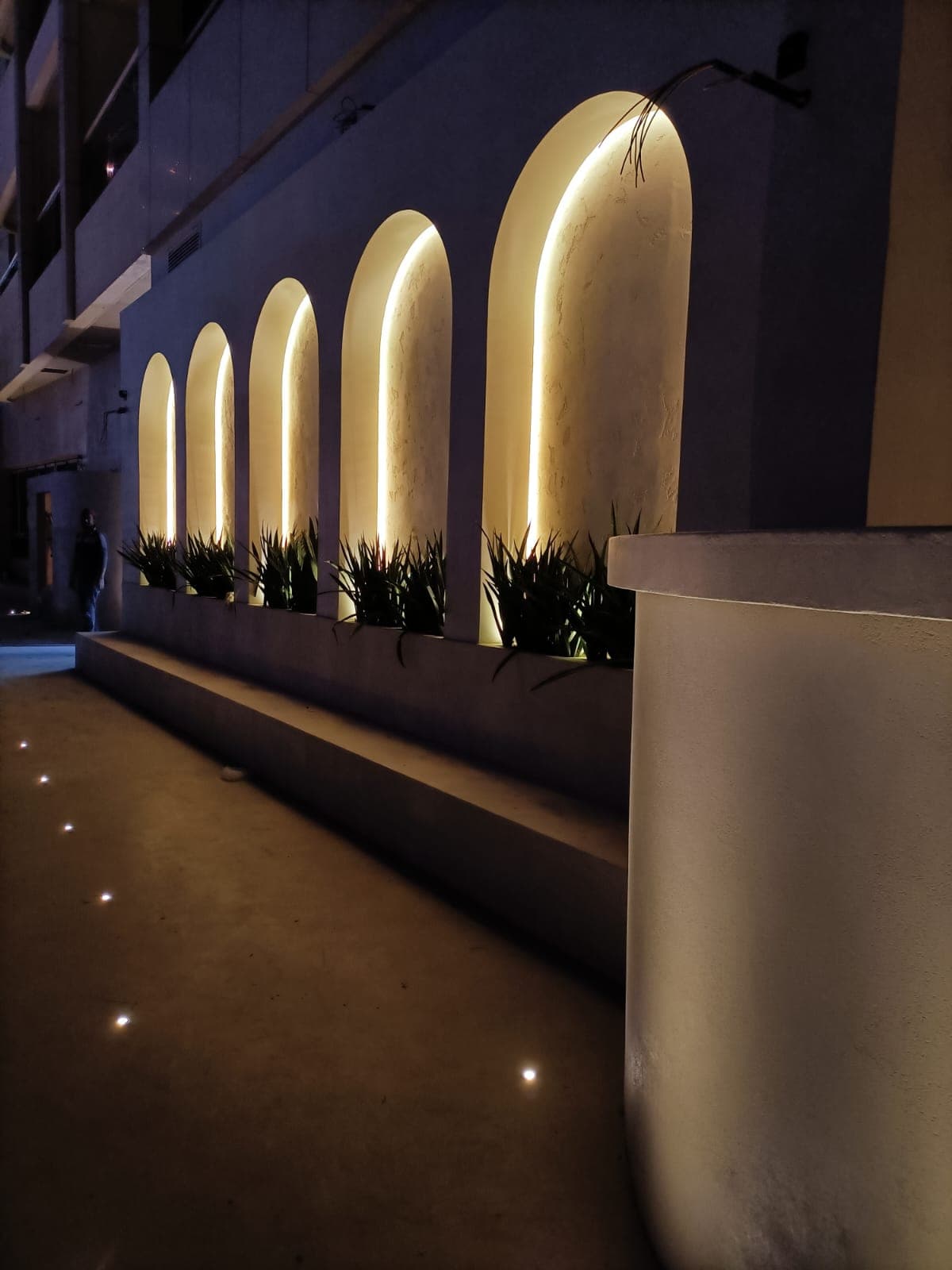 Arched wall niches with warm cove lighting and landscaping